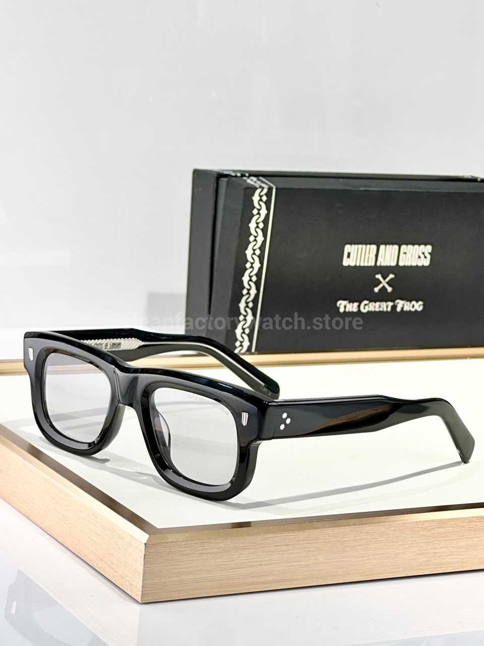 Cutler and Gross CGSN1402 Square Eyeglasses | Glossy Black Frame, Clear Lenses & Silver-Tone Details