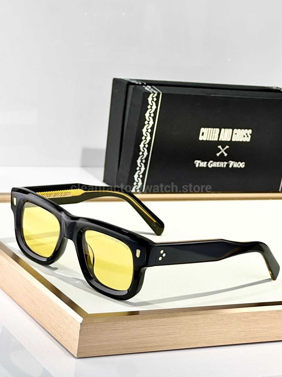 Cutler and Gross CGSN1402 Square Sunglasses | Glossy Black Frame, Yellow Lenses & Gold-Tone Details