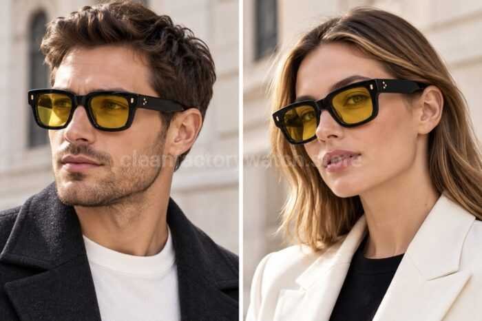 Cutler and Gross CGSN1402 Square Sunglasses | Glossy Black Frame, Yellow Lenses & Gold-Tone Details - Image 2