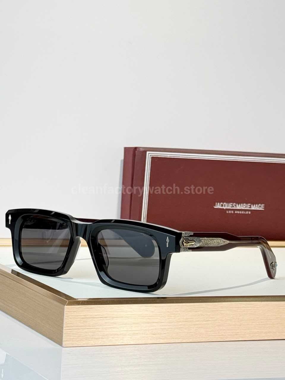 Jacques Marie Mage BELVEDERE Rectangular Sunglasses | Black & Burgundy Frame with Grey Lenses