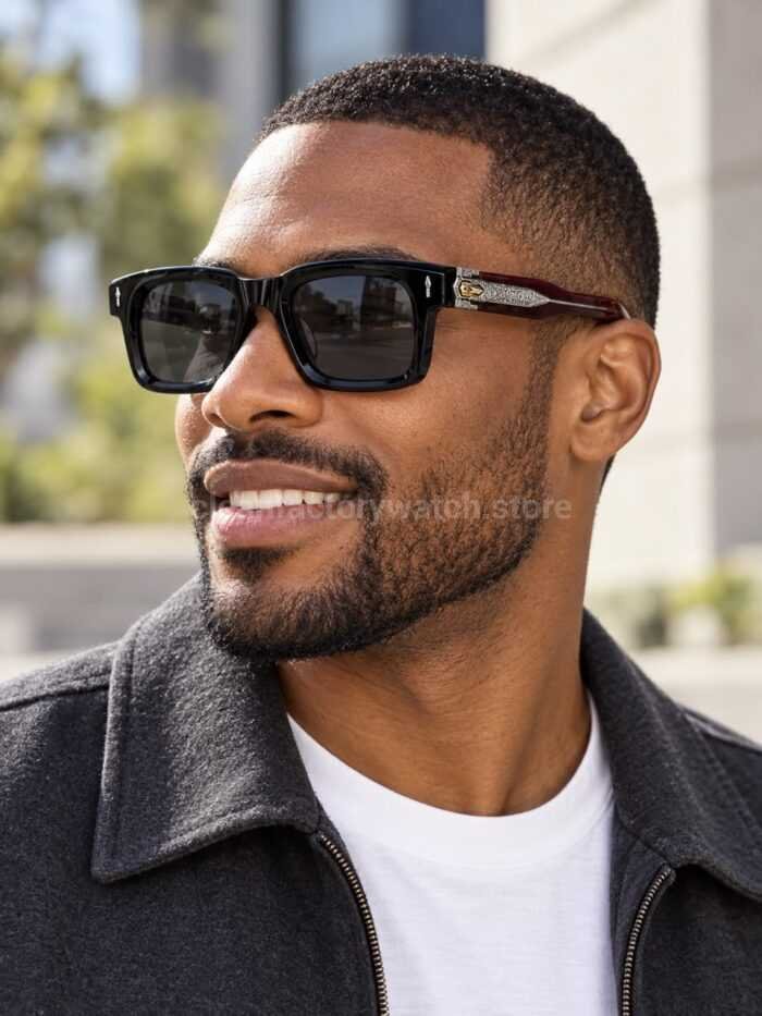 Jacques Marie Mage BELVEDERE Rectangular Sunglasses | Black & Burgundy Frame with Grey Lenses - Image 2