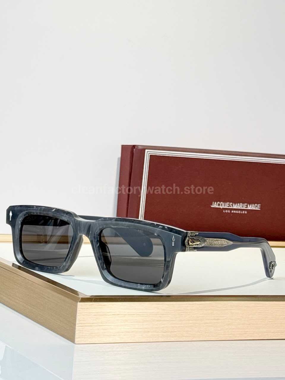 Jacques Marie Mage BELVEDERE Rectangular Sunglasses | Marbled Blue-Grey Frame with Grey Lenses