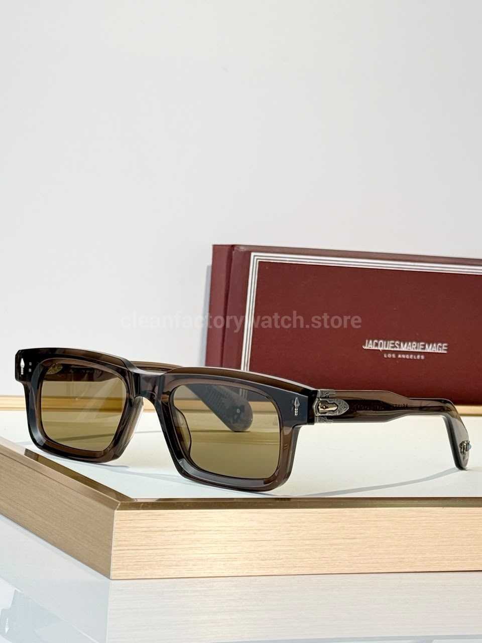 Jacques Marie Mage BELVEDERE Rectangular Sunglasses | Transparent Dark Brown Frame with Olive-Brown Lenses