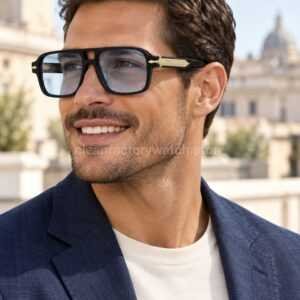 Jacques Marie Mage ELKHART Square Aviator Sunglasses | Black Frame with Light Blue Lenses