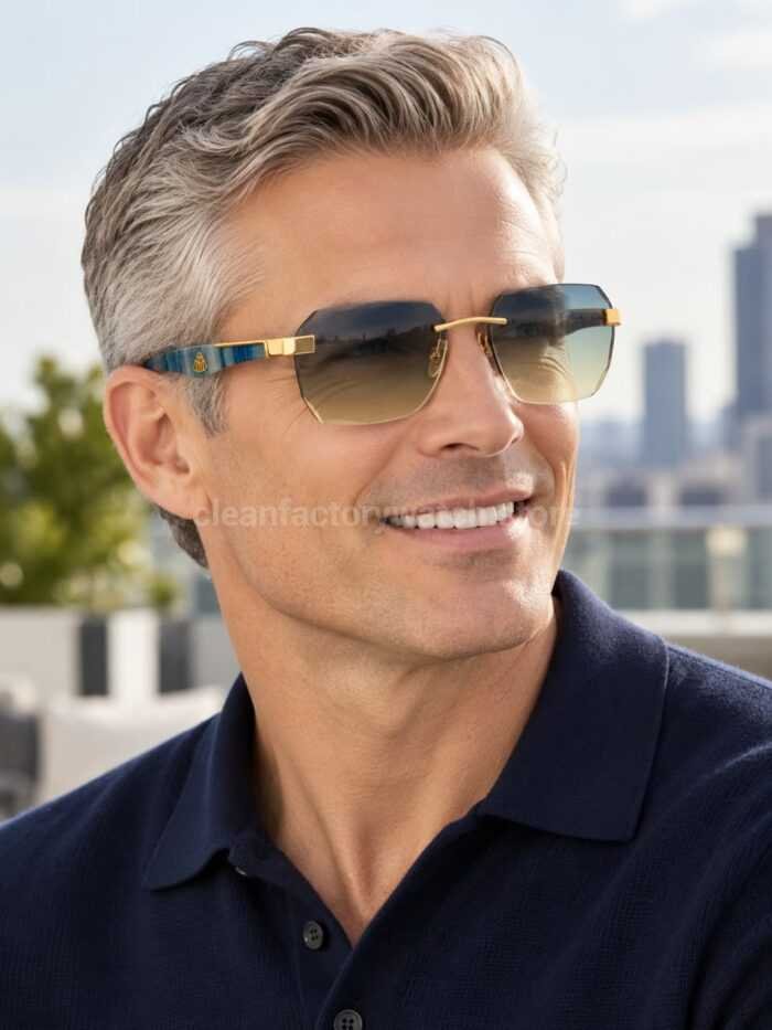 Maybach The Arttai Rimless Sunglasses | Gold-Tone Frame with Blue Marbled Temples and Grey Gradient Lenses - Image 2