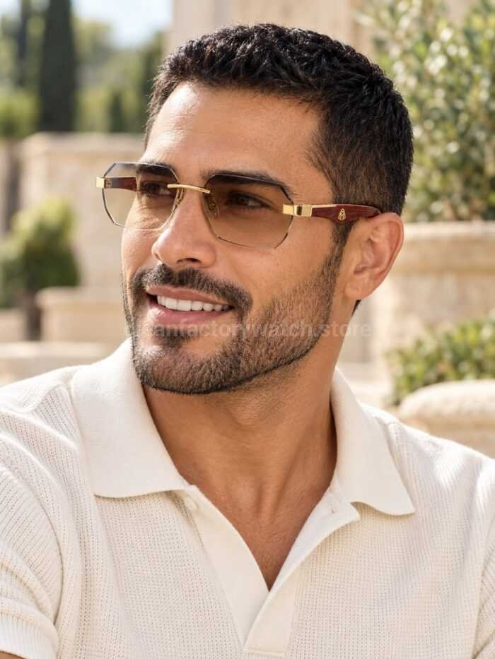 Maybach The Arttai Rimless Sunglasses | Silver-Tone Frame with Amber-Brown Temples and Purple-Grey Lenses - Image 2