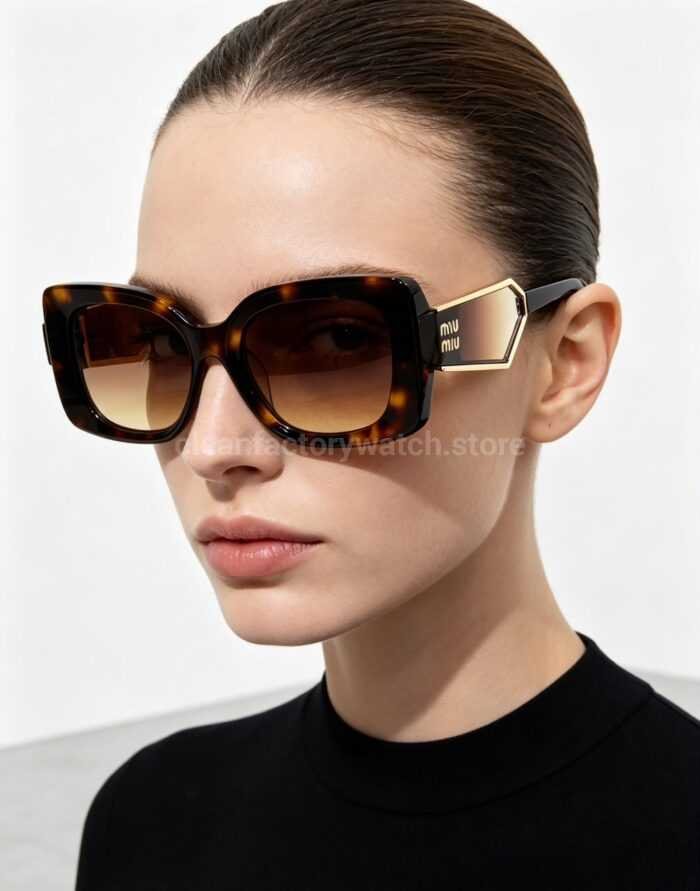 Miu Miu MU7377S Square Sunglasses | Dark Tortoiseshell Frame & Brown Gradient Lenses - Image 4