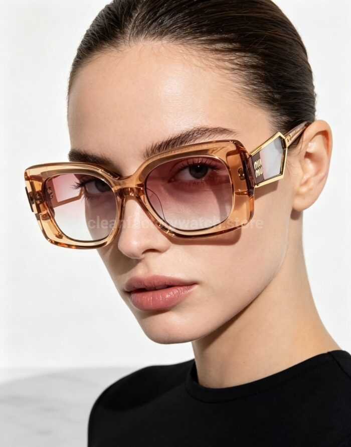 Miu Miu MU7377S Square Sunglasses | Transparent Champagne Frame & Pink Gradient Lenses - Image 2