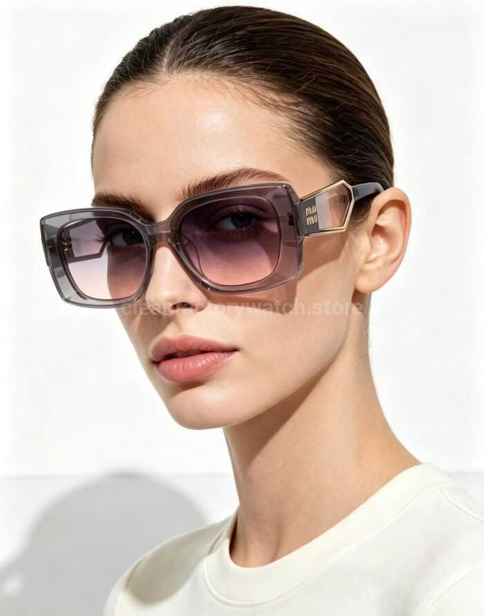Miu Miu MU7377S Square Sunglasses | Transparent Smoke Grey Frame & Grey–Pink Gradient Lenses - Image 2