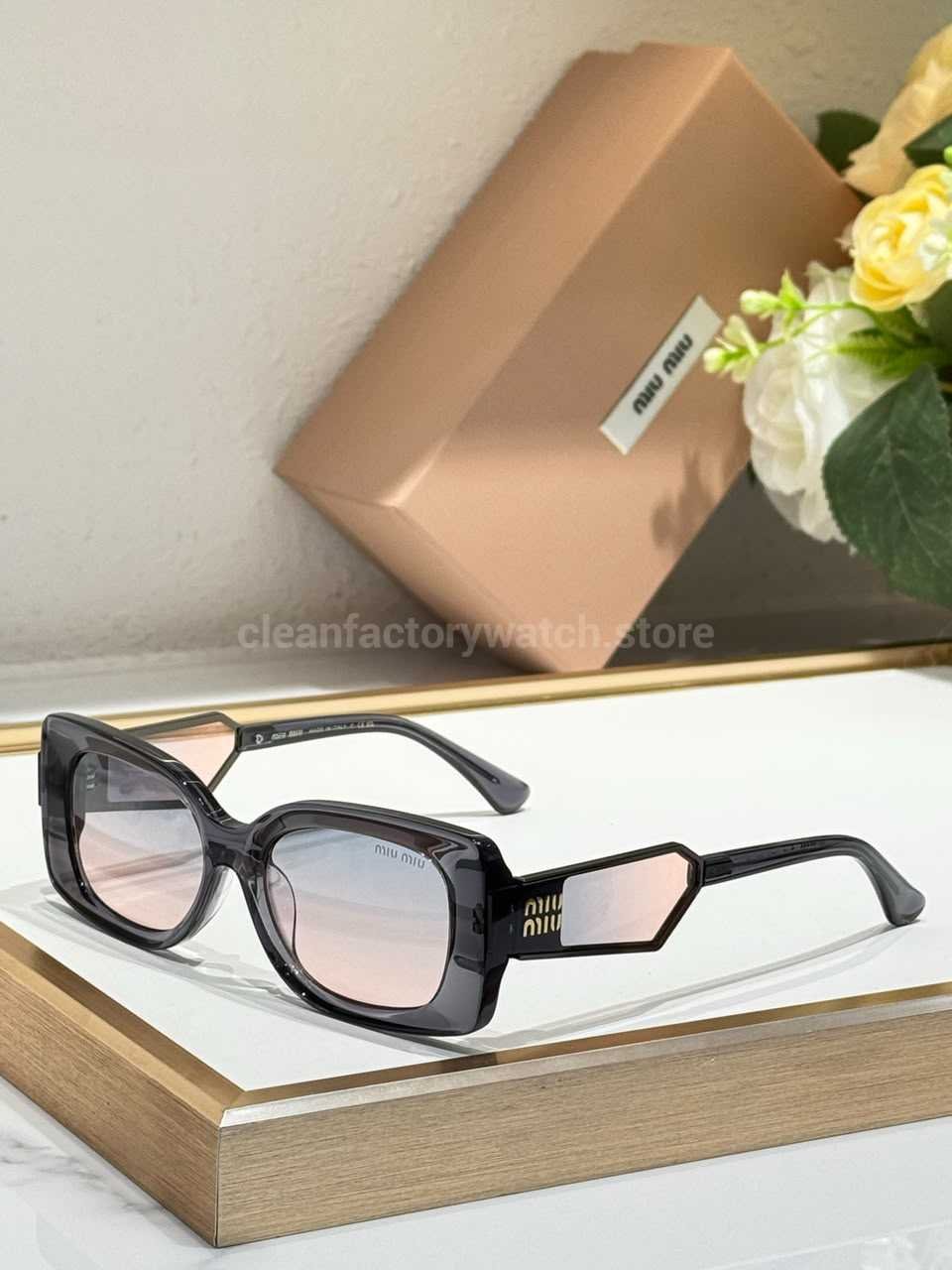 Miu Miu MU7377S Square Sunglasses | Transparent Smoke Grey Frame & Grey–Pink Gradient Lenses