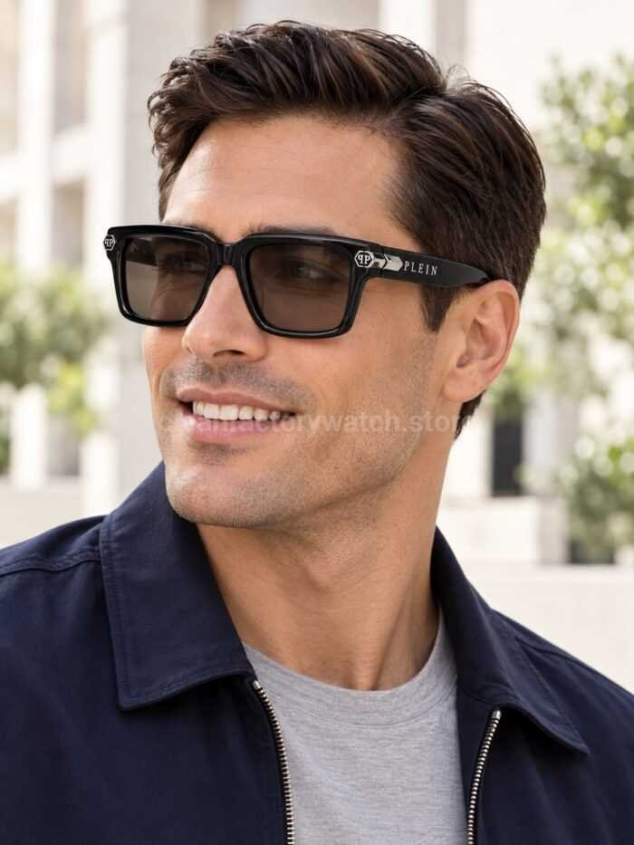 Philipp Plein SPP181M Square Sunglasses | Black Frame with Brown Lenses & Silver-Tone Details - Image 2