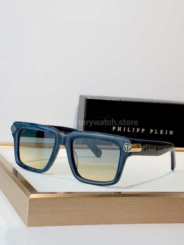 Philipp Plein SPP181M Square Sunglasses | Blue Frame with Blue-Grey to Yellow Gradient Lenses - Image 2