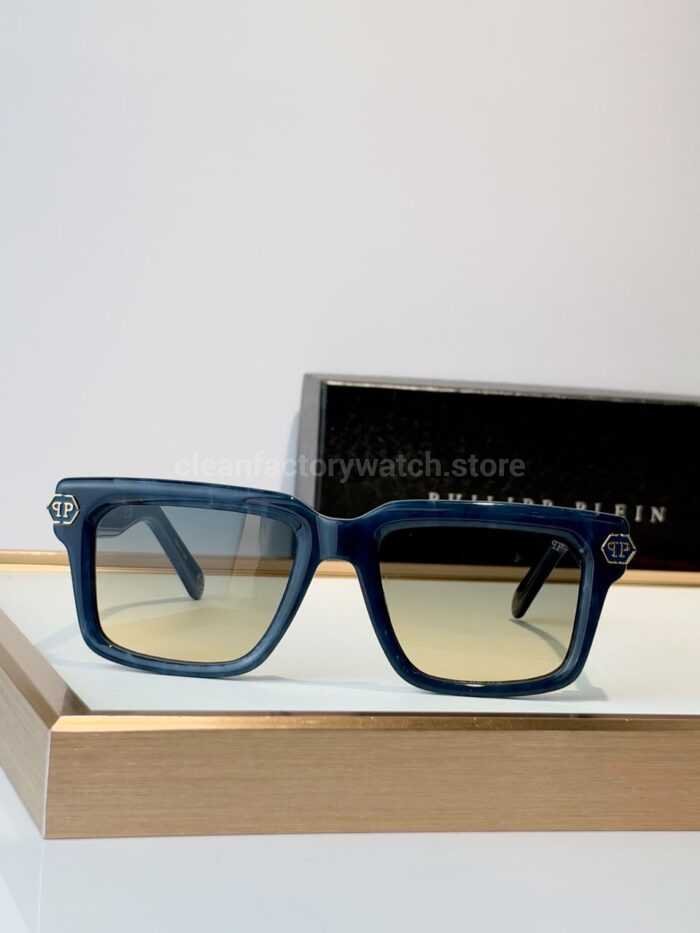Philipp Plein SPP181M Square Sunglasses | Blue Frame with Blue-Grey to Yellow Gradient Lenses - Image 3