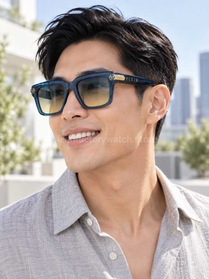 Philipp Plein SPP181M Square Sunglasses | Blue Frame with Blue-Grey to Yellow Gradient Lenses - Image 2