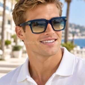 Philipp Plein SPP181M Square Sunglasses | Blue Frame with Blue-Grey to Yellow Gradient Lenses