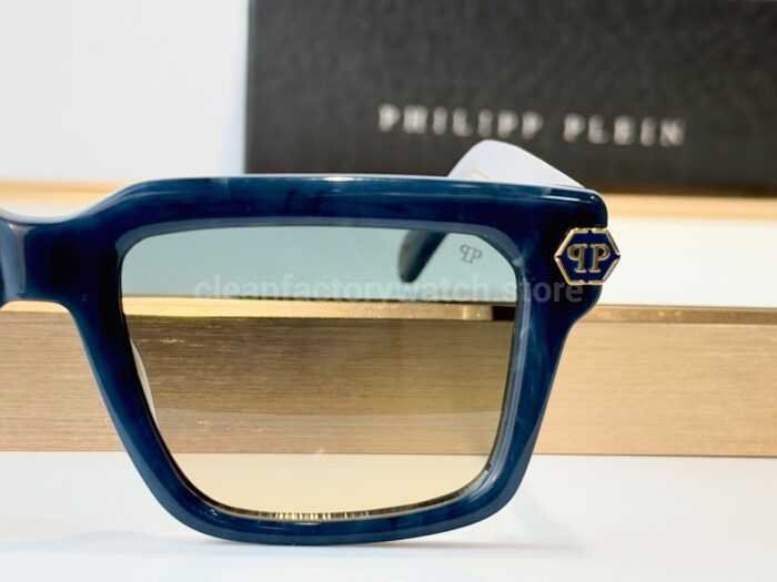 Philipp Plein SPP181M Square Sunglasses | Blue Frame with Blue-Grey to Yellow Gradient Lenses - Image 5