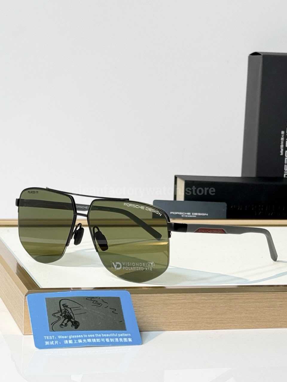 Porsche Design P8943 Aviator Polarized Sunglasses | Black Frame, Grey Temples & Olive Green Lenses