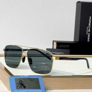 Porsche Design P8944 Square Polarized Sunglasses | Gold-Tone Frame, Double Bridge & Dark Grey-Green Lenses
