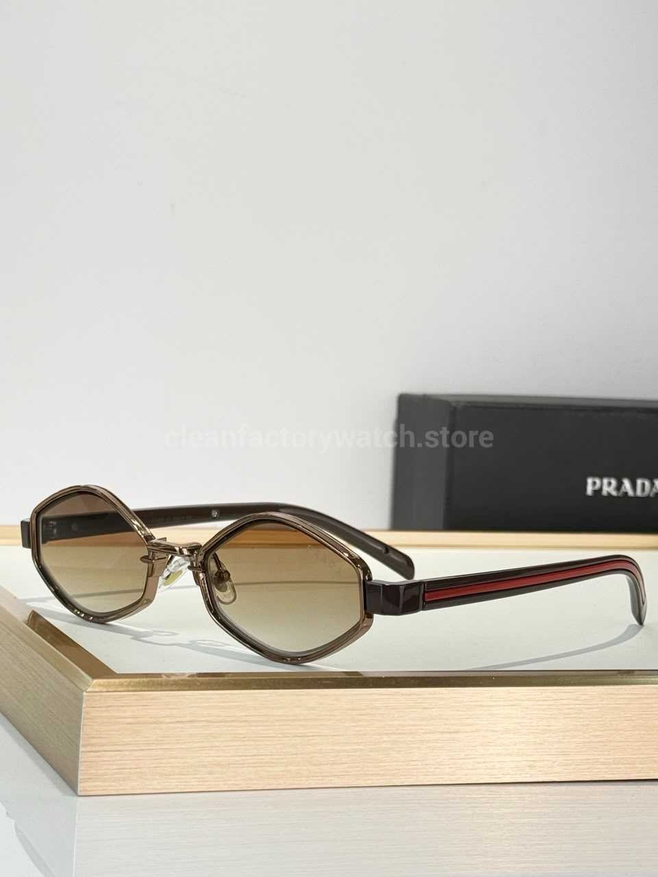 Prada SPS05X Geometric Sunglasses | Transparent Brown Frame, Red Temple Stripes & Brown Gradient Lenses