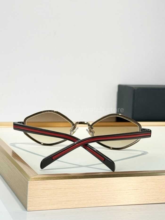 Prada SPS05X Geometric Sunglasses | Transparent Brown Frame, Red Temple Stripes & Brown Gradient Lenses - Image 3