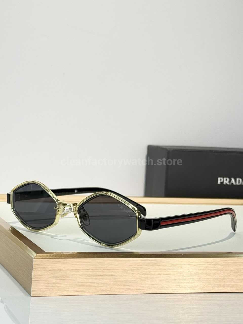 Prada SPS05X Geometric Sunglasses | Transparent Pale Yellow Frame, Black Temples & Dark Grey Lenses