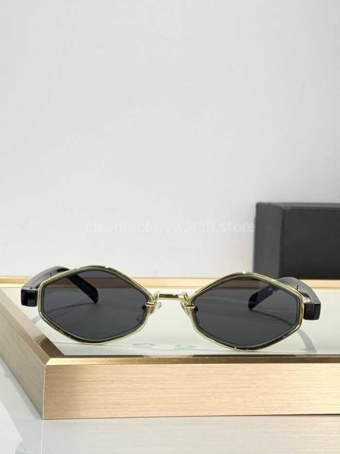 Prada SPS05X Geometric Sunglasses | Transparent Pale Yellow Frame, Black Temples & Dark Grey Lenses - Image 3