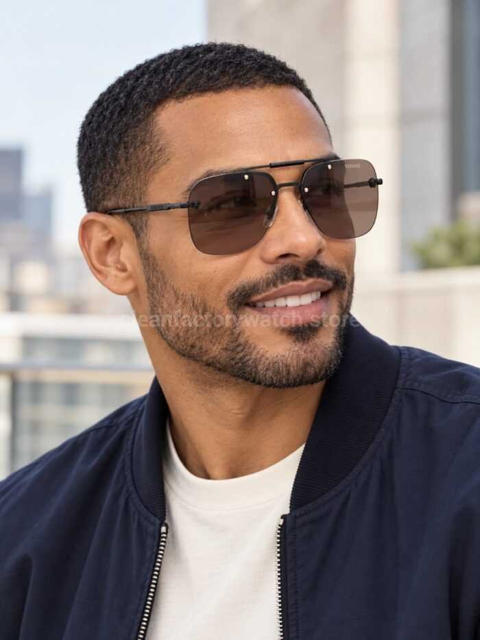 Versace VE2190 Aviator Sunglasses | Black Frame with Brown Lenses - Image 2