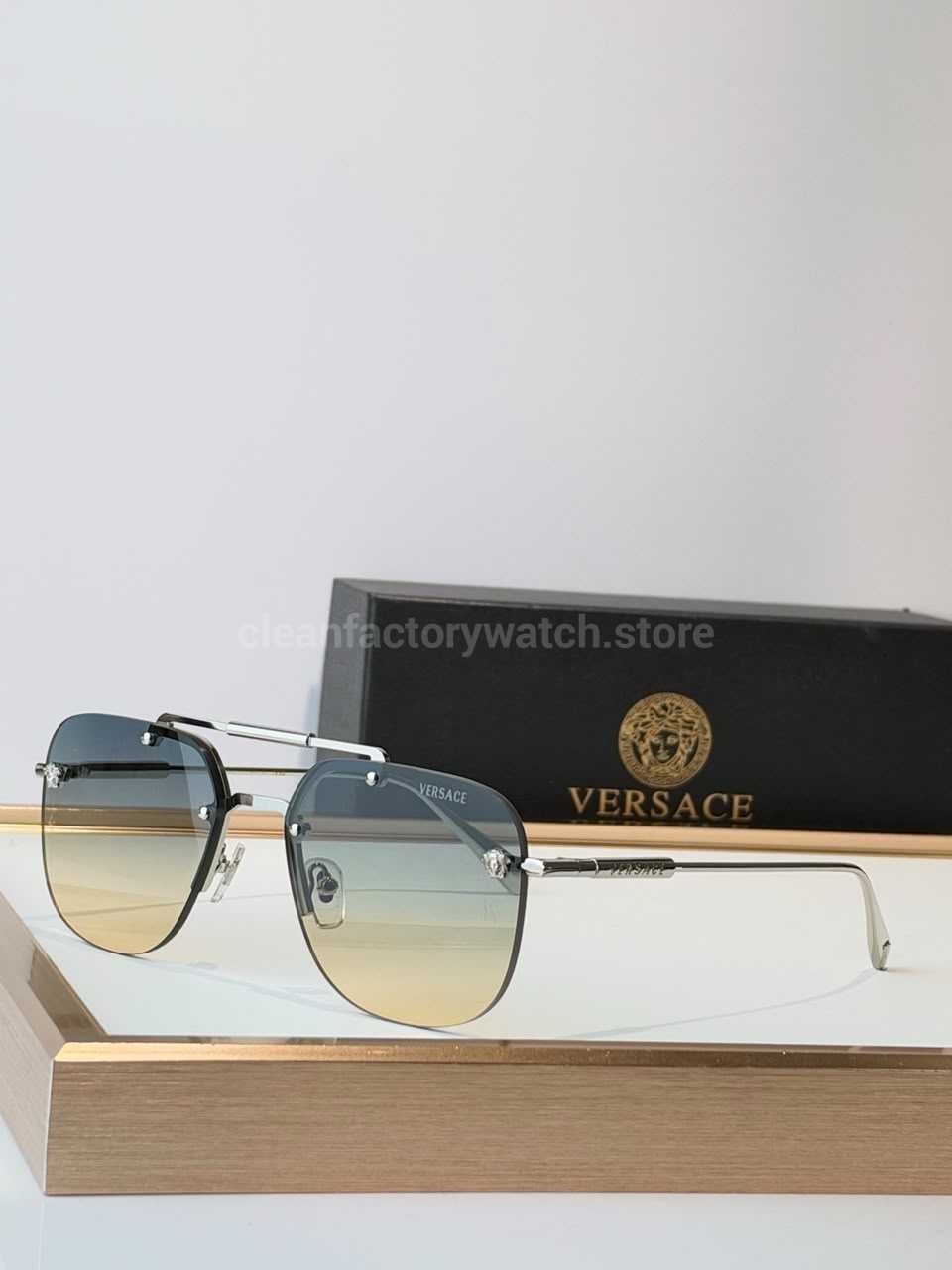 Versace VE2190 Aviator Sunglasses | Silver-Tone Frame with Blue-Grey to Yellow Gradient Lenses