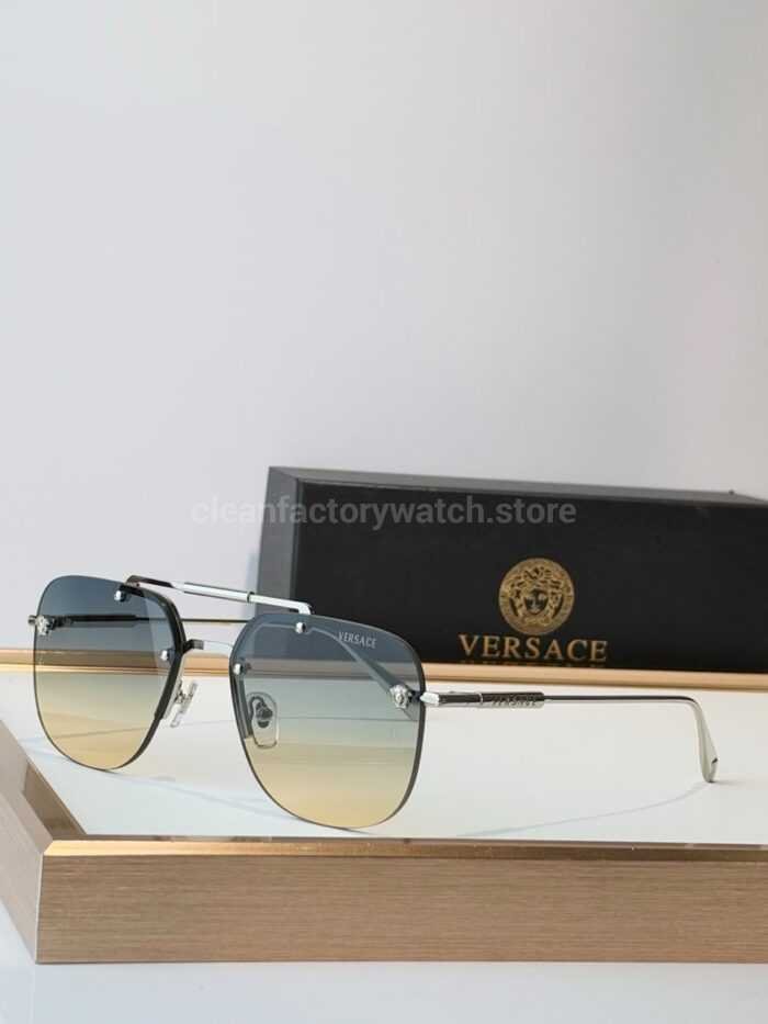 Versace VE2190 Aviator Sunglasses | Silver-Tone Frame with Blue-Grey to Yellow Gradient Lenses - Image 2