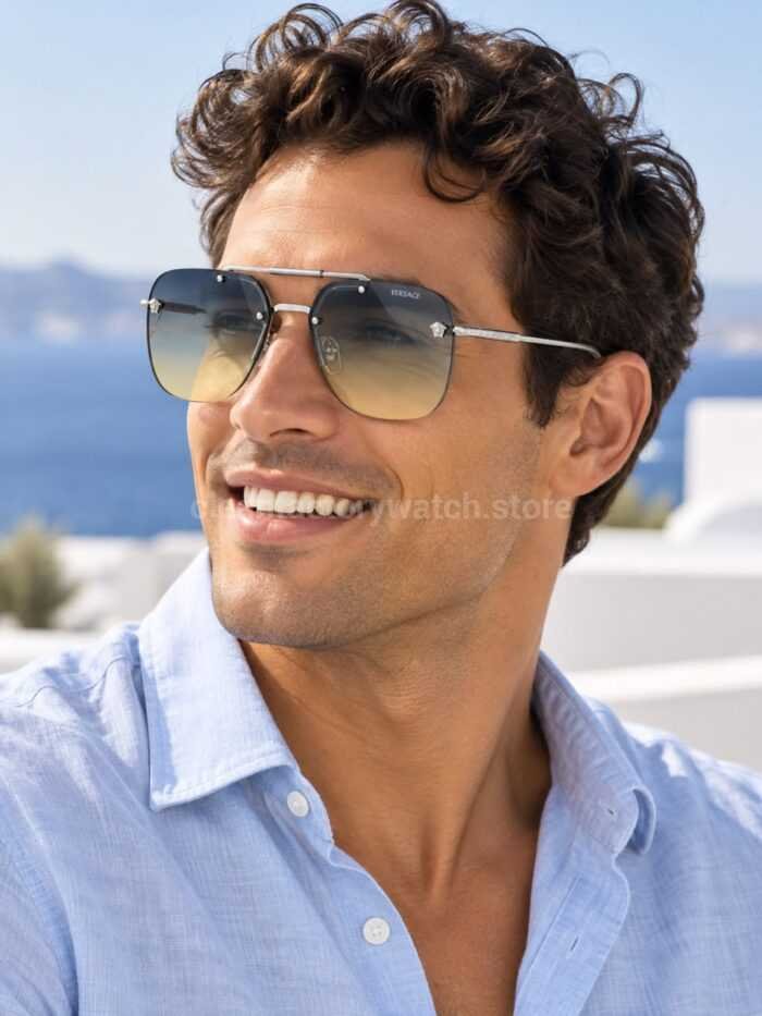 Versace VE2190 Aviator Sunglasses | Silver-Tone Frame with Blue-Grey to Yellow Gradient Lenses - Image 2