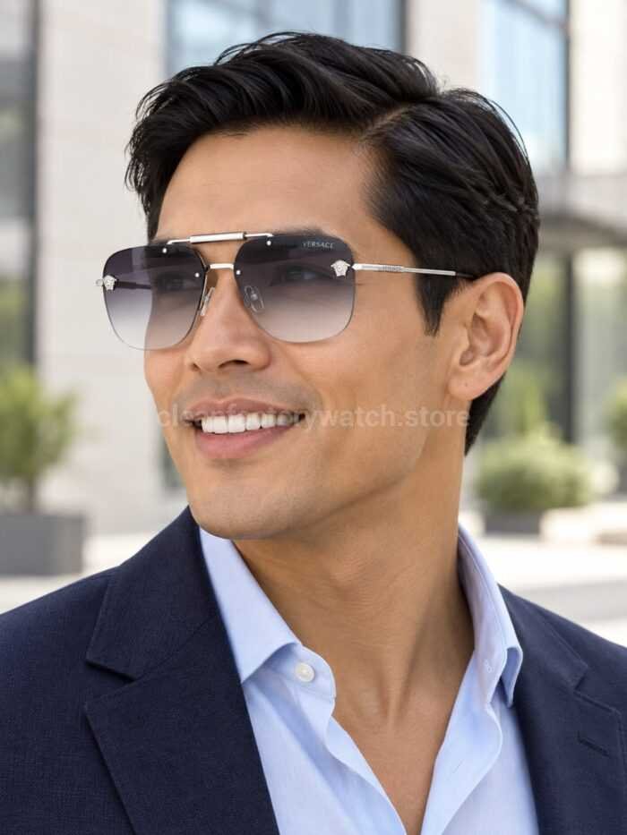 Versace VE2190 Aviator Sunglasses | Silver-Tone Frame with Grey Gradient Lenses - Image 2