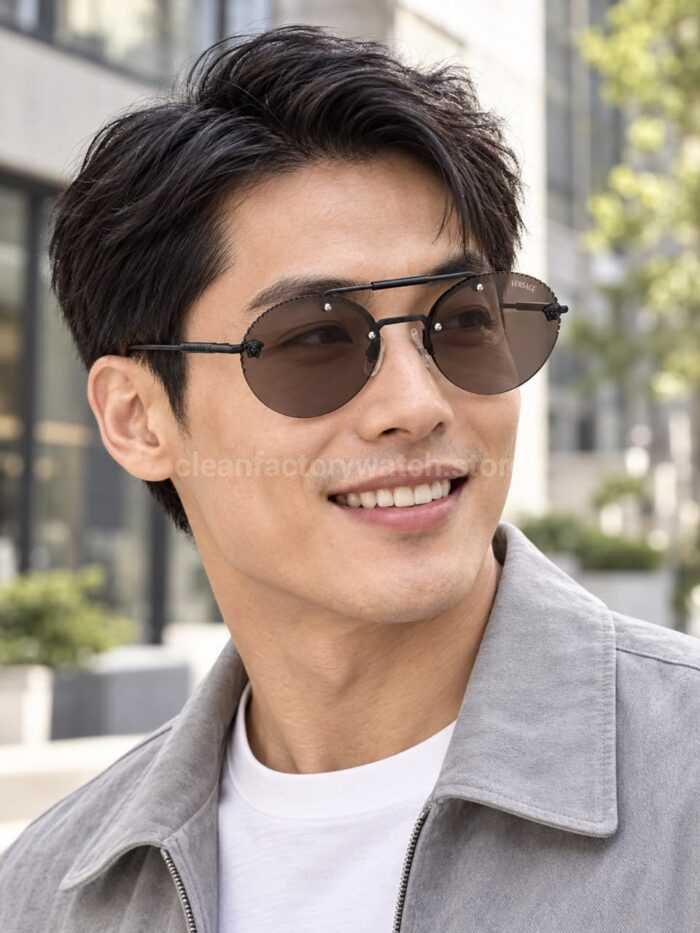 Versace VE2191 Round Sunglasses | Black Frame with Brown Lenses - Image 2