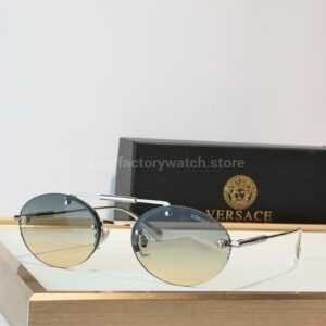 Versace VE2191 Round Sunglasses | Silver-Tone Frame with Blue-Grey to Yellow Gradient Lenses