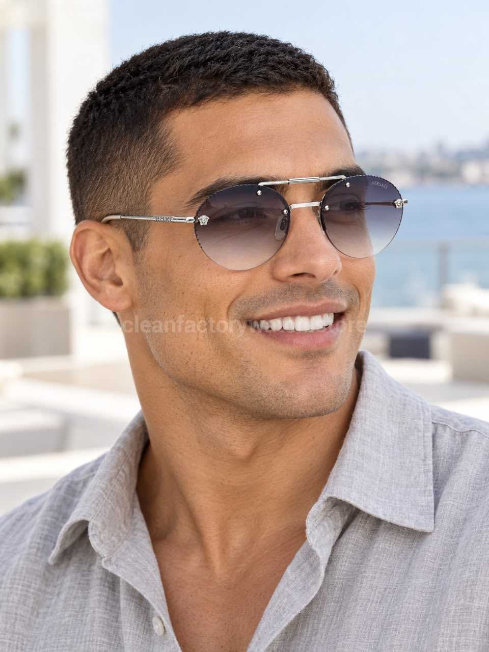 Versace VE2191 Round Sunglasses Silver Tone Frame With Grey Gradient Lenses (10) Versace VE2191 Round Sunglasses | Silver-Tone Frame with Grey Gradient Lenses - Image 1