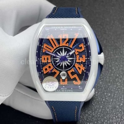 ABF Factory Franck Muller Vanguard V45 44mm White Ceramic Blue Textile Strap Orange Arabic Numerals Blue Dial (7)
