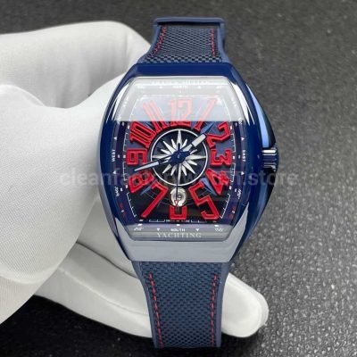 ABF Factory Franck Muller Vanguard V45 44mm White Ceramic Textile Strap Red Arabic Numerals Blue Dial (1)
