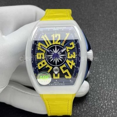 ABF Factory Franck Muller Vanguard V45 44mm White Ceramic Yellow Leather Strap Yellow Arabic Numerals Black Dial (8)