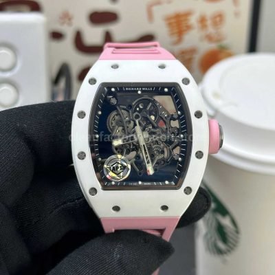APS Factory Richard Mille RM 055 42.7mm White Ceramic Pink Rubber Strap Skeletonized Black Dial (5)