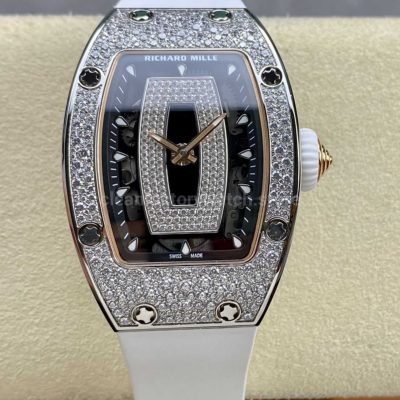 BBA Factory Richard Mille RM 07 31.4mm Diamond Bezel White Rubber Strap Skeletonized Black Dial (5)