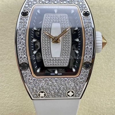 BBA Factory Richard Mille RM 07 31.4mm Diamond Bezel White Rubber Strap Skeletonized White Dial (9)
