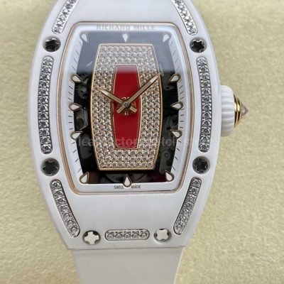 BBA Factory Richard Mille RM 07 31.4mm Diamond White Ceramic White Rubber Strap Skeletonized Red Dial (7)