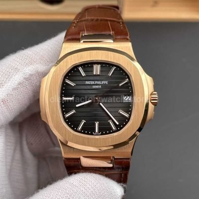 BBF Nautilus black dial brown leather strap rose gold style