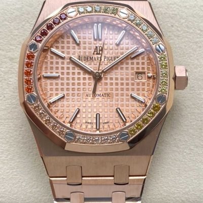 IPF Factory Audemars Piguet Royal Oak 15451OR rose gold rainbow diamond bezel champagne dial replica