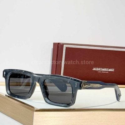 Jacques Marie Mage BELVEDERE Rectangular Sunglasses Marbled Blue Grey Frame With Grey Lenses (1)