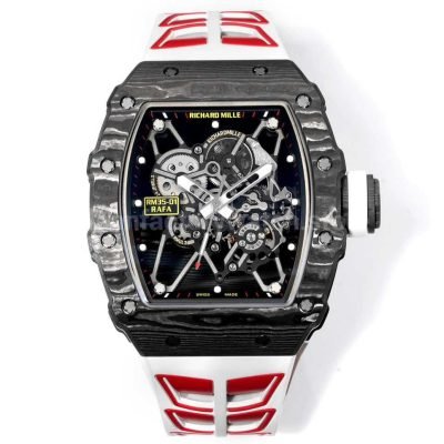 RM 35-01 white red strap replica watch with black skeletonized dial