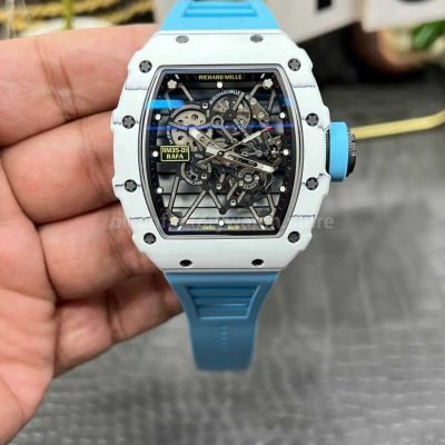 New Factory Richard Mille RM 35-01 white carbon fiber light blue rubber strap replica watch