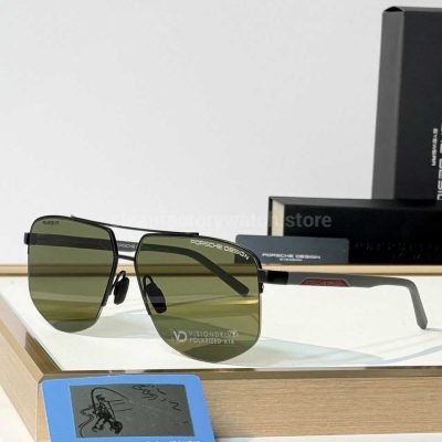 Porsche Design P8943 Aviator Polarized Sunglasses Black Frame, Grey Temples & Olive Green Lenses (1)