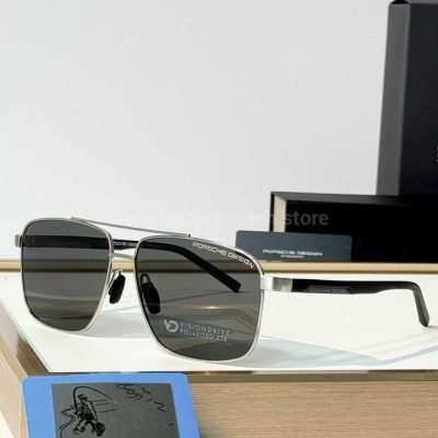 Porsche Design P8944 Square Polarized Sunglasses Silver Tone Frame, Double Bridge & Dark Grey Lenses (1)